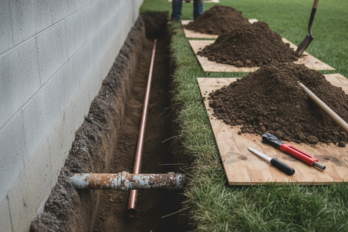 Excavated water line trench during Water Softener Installation in Liverpool